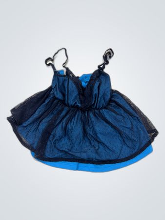 Blue Dress with Black Mesh Overlay