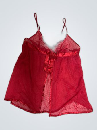 George Red Sheer Mesh Camisole with Fur Trim