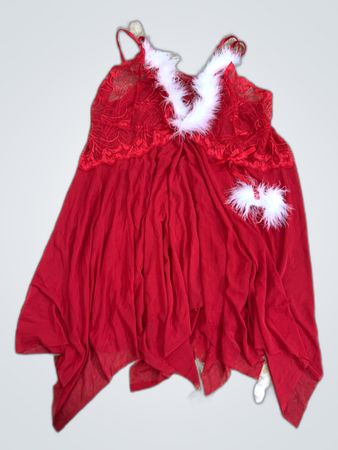 Red Lace Trim Chemise with White Feathers