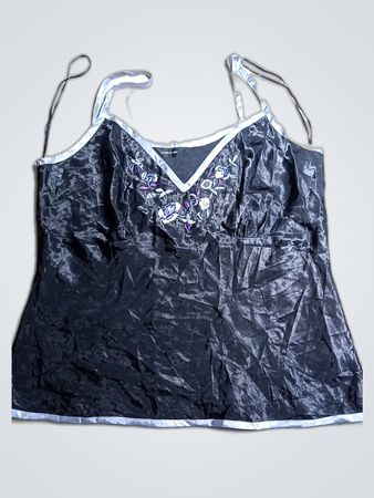 Black Satin Cami Top with Floral Embroidery