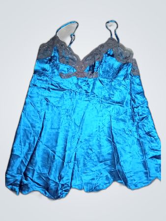 Blue Satin Chemise with Lace Trim