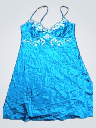 Blue Silk Chemise with White Floral Embroidery