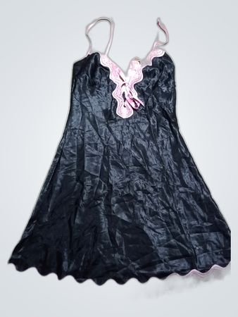 Black Satin Chemise with Pink Lace