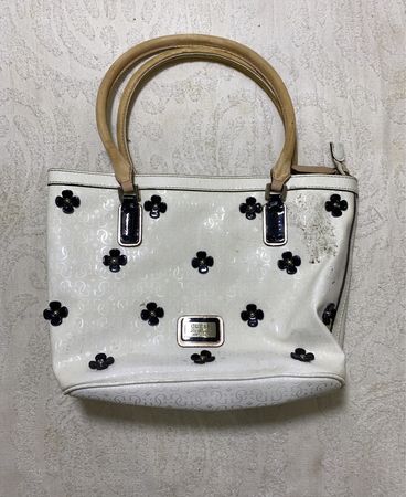 White Handbag with Black Flowers