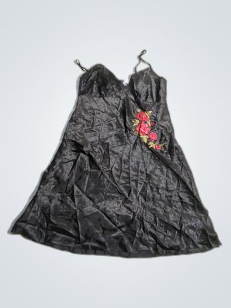 Black Satin Nightgown with Floral Embroidery