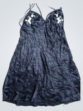 Black Satin Chemise with Floral Embellishments