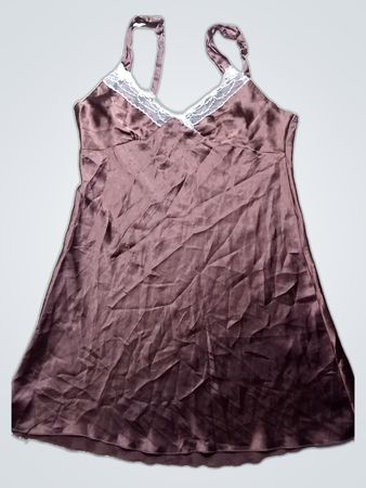 Brown Satin Chemise with Lace Trim