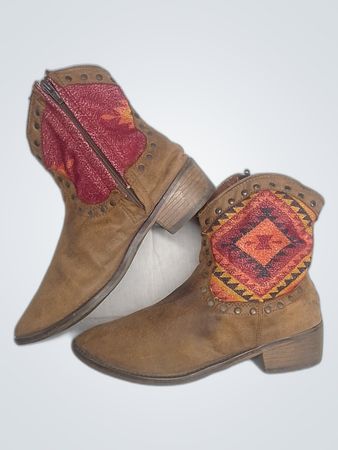 Brown Ankle Boots with Red and Yellow Designs