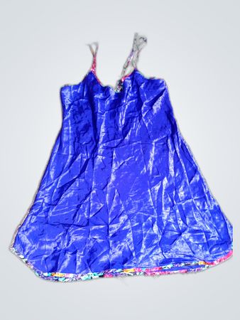 Blue Satin Dress with Multicolored Trim