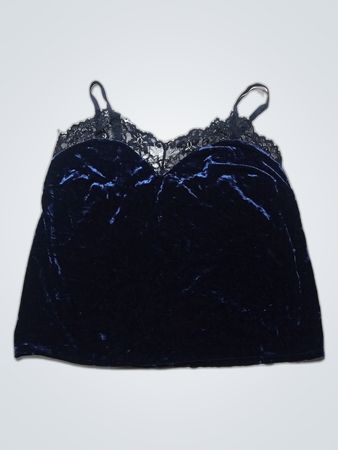 Blue Velvet Cami with Lace Trim