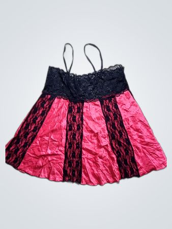 Hot Pink Satin Slip Dress with Black Lace Trim