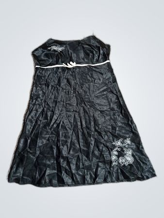 Black Satin Dress with White Embroidery and Trim