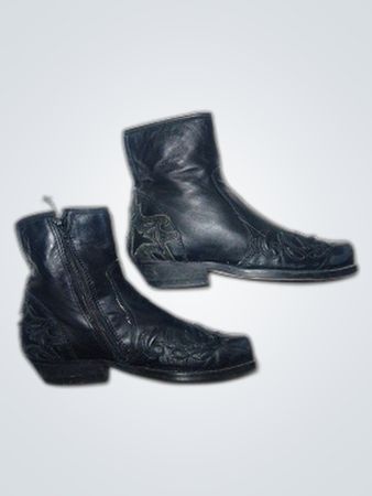 Black Leather Cowboy Boots with Embroidery
