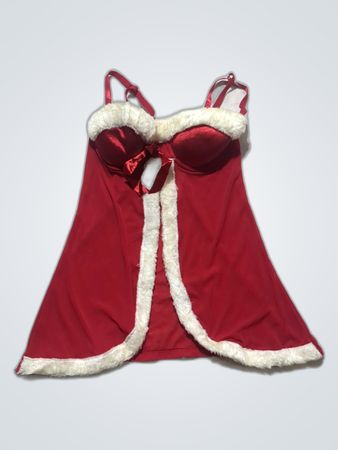 Red Satin Babydoll with Fur Trim