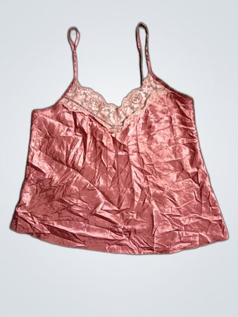 Pink Satin Cami with Lace Trim