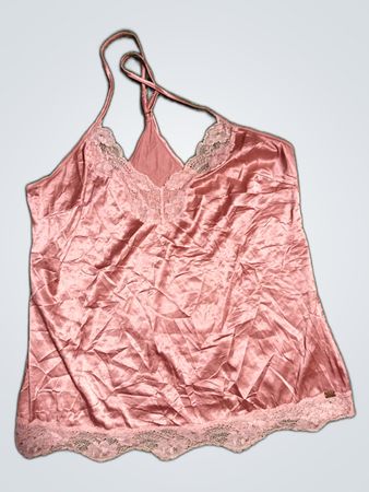 Pink Satin Cami with Lace Trim