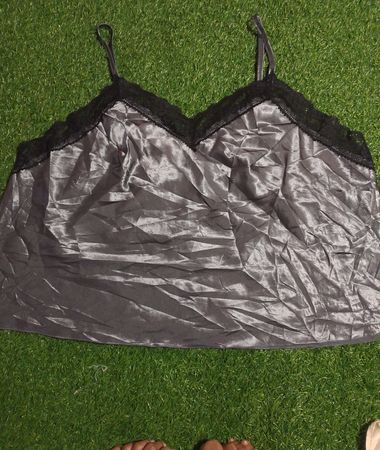 Gray Satin Cami with Lace Trim