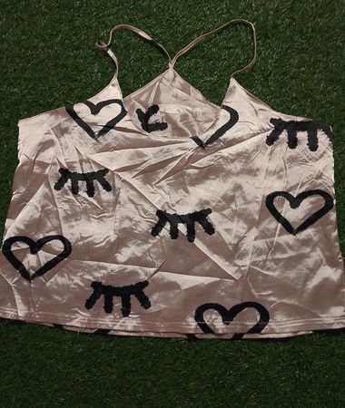 Pink Satin Top with Black Hearts and Eyelashes
