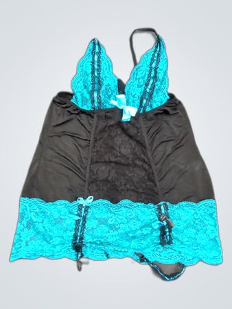 Black and Teal Lace Chemise