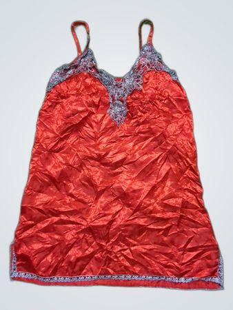 Red Satin Chemise with Lace Trim