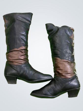 Black Leather Cowboy Boots with Brown Accents