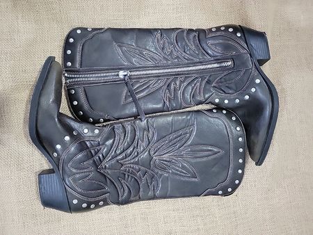 Black Leather Vest with Studs and Floral Embroidery