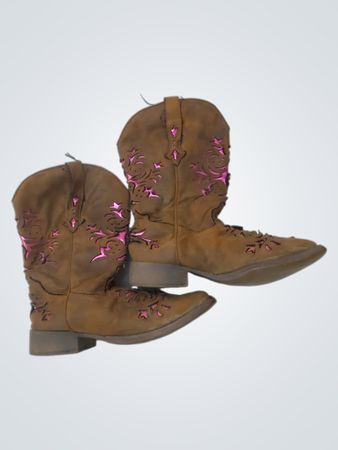 Brown Cowboy Boots with Pink Embroidery