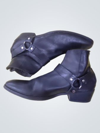 Black Leather Harness Ankle Boots