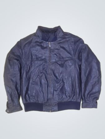 Dark Blue Leather Bomber Jacket