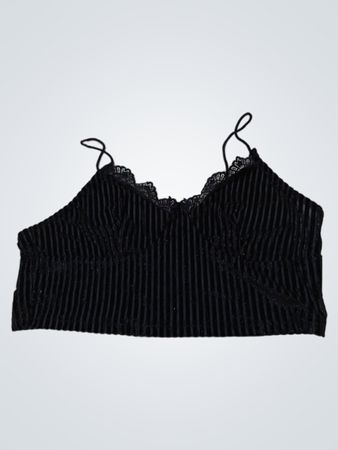 Schwarzes Samt-Ripp-Top mit Spitzenrand
