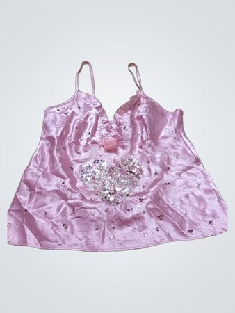 Pink Satin Herz Pailletten Spaghetti-Top