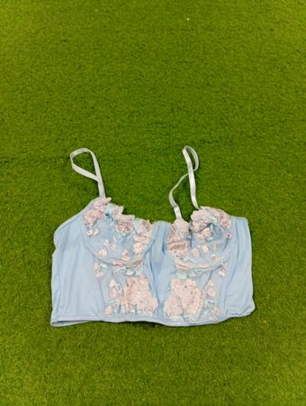 Hellblaues Korsett-Top mit rosa Blumenstickerei