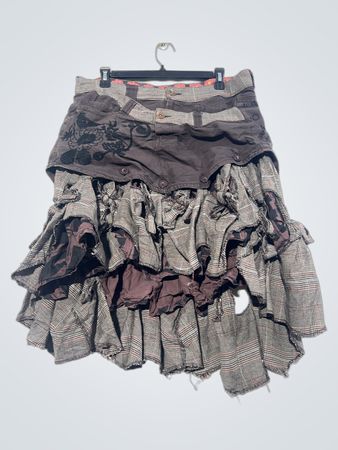 Distressed Plaid Ruffle Skirt with Floral Waistband