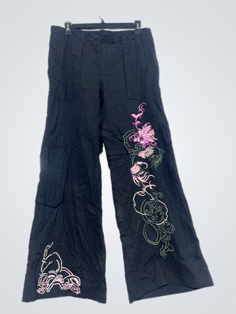 Maxime Black Wide Leg Cargo Pants with Dragon Embroidery