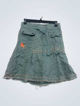 Green Cargo Skirt with Orange Stitching and Striped Panels