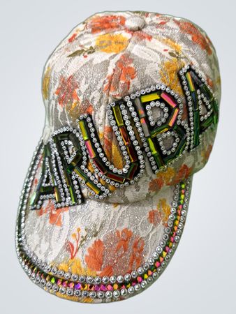 Floral Baseball Cap with Rhinestone Aruba Lettering