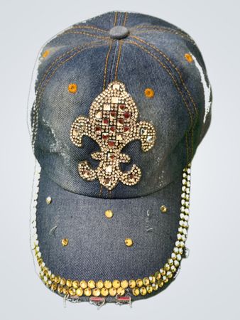 Denim Baseball Cap with Fleur-de-lis Embellishment