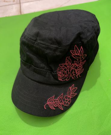 Black Hat with Red Floral Embroidery