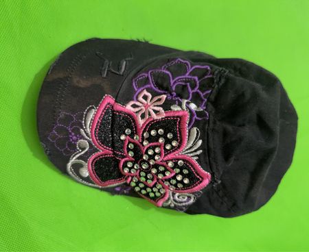 Trucker Cap with Floral Embroidery and Rhinestones