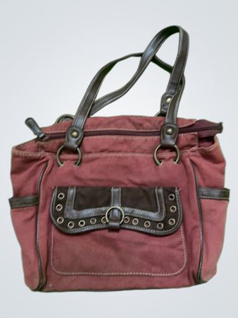 Red Canvas Handbag with Brown Leather Accents