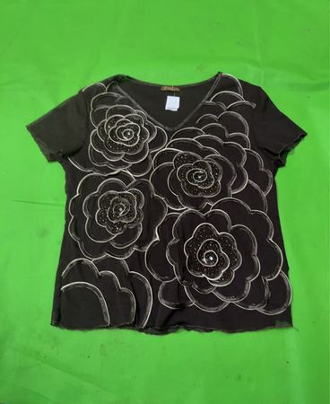 Style & Co Damen Schwarzes Floral Verziertes V-Ausschnitt Top