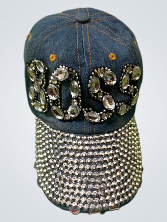 Denim-Baseballmütze mit Strass 'BOSS' und Schirm