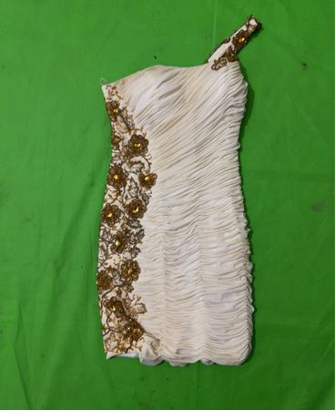White Ruched One-Shoulder Dress with Gold Embellishments
