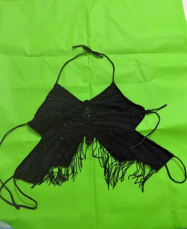 Black Beaded Butterfly Halter Top with Fringe