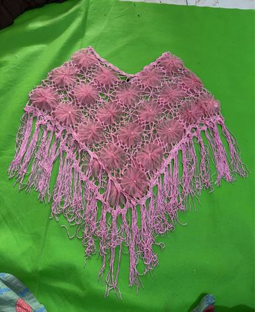 Pink Poncho with Flowers and Fringe