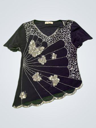 Women's Black Sequined Butterfly T-Shirt