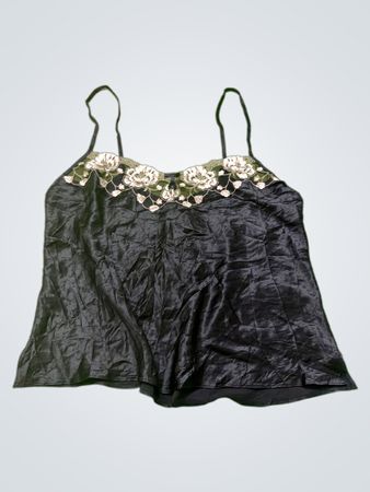 Schwarzes Satin-Top mit floralem Spitzenbesatz