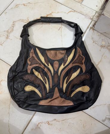 Black Leather Shoulder Bag with Patchwork Design