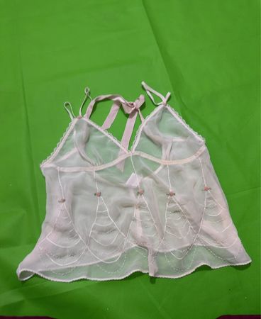 H&M Weißes Durchsichtiges Babydoll-Top mit Rosa Schleifen und Perlen