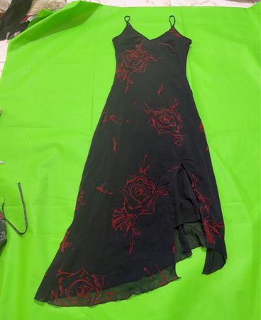 CARLEN Black Red Rose Print Spaghetti Strap Dress